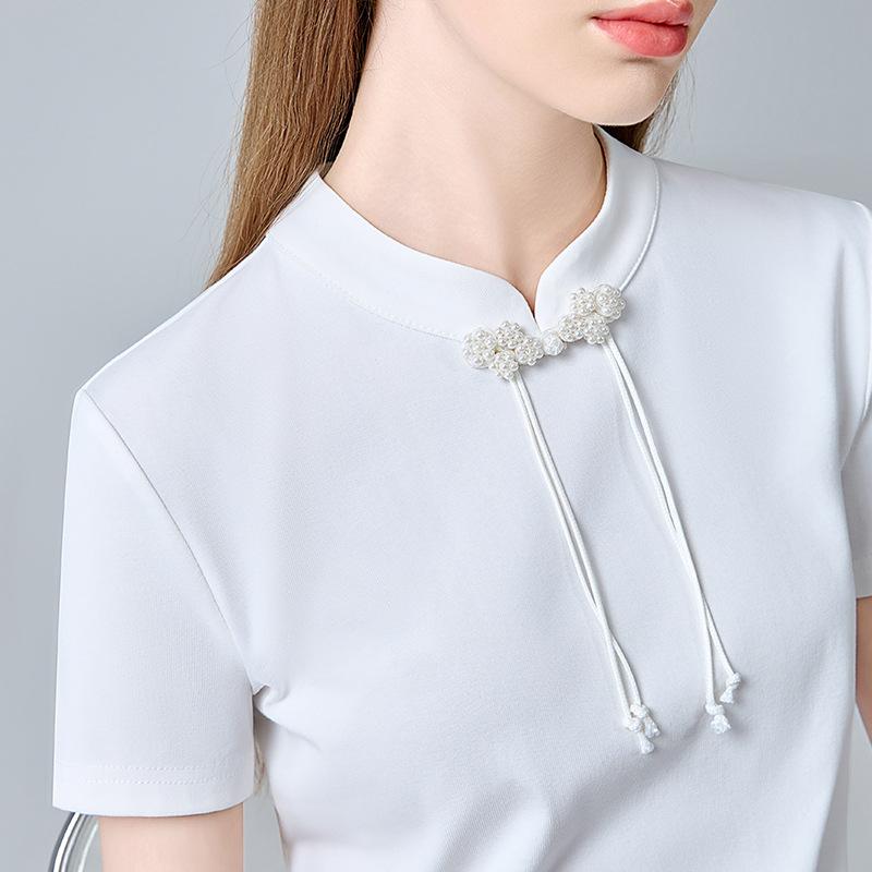 

Новая китайская футболка с короткими рукавами для женщин, новая женская футболка с застежкой-стойкой, черная хлопковая футболка с кисточками и воротником-стойкой 3XL белый