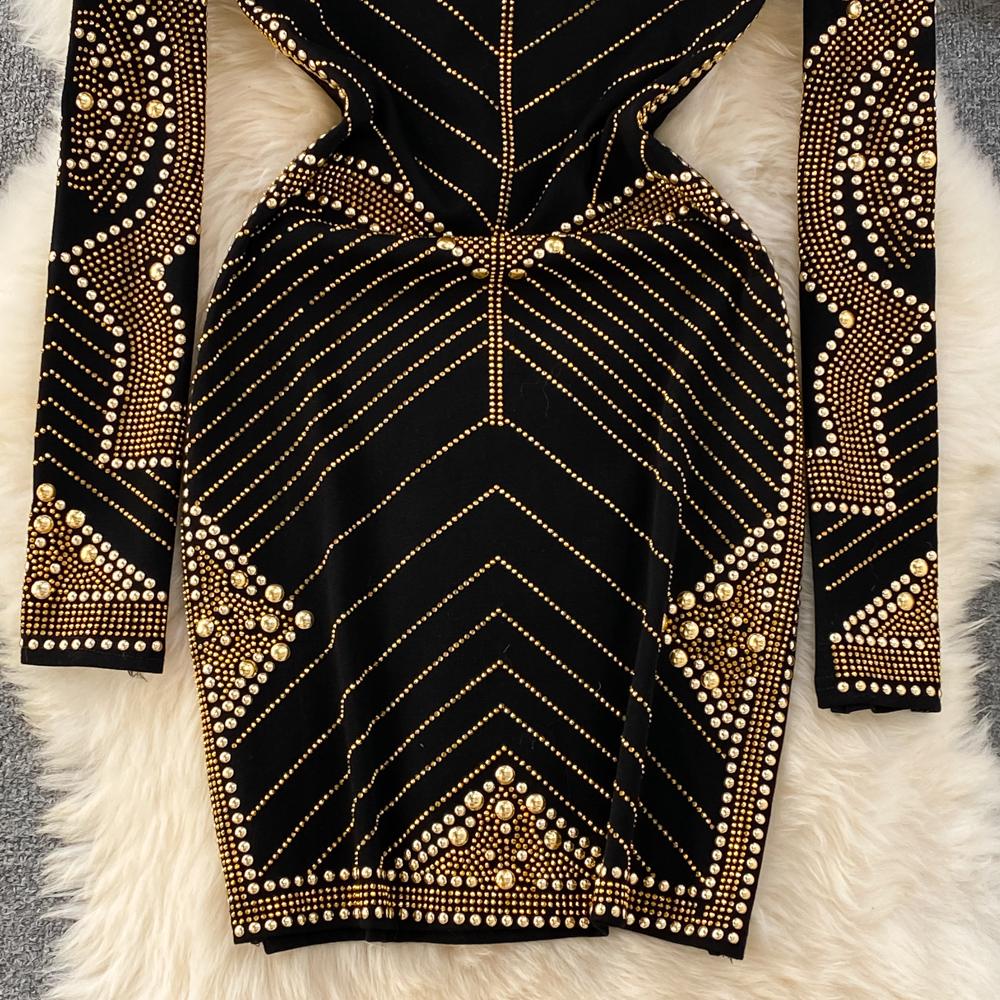 Autumn and Winter European and American Light Luxury Temperament Round Neck and Diamonds Waist and Hip Bottoming Dress