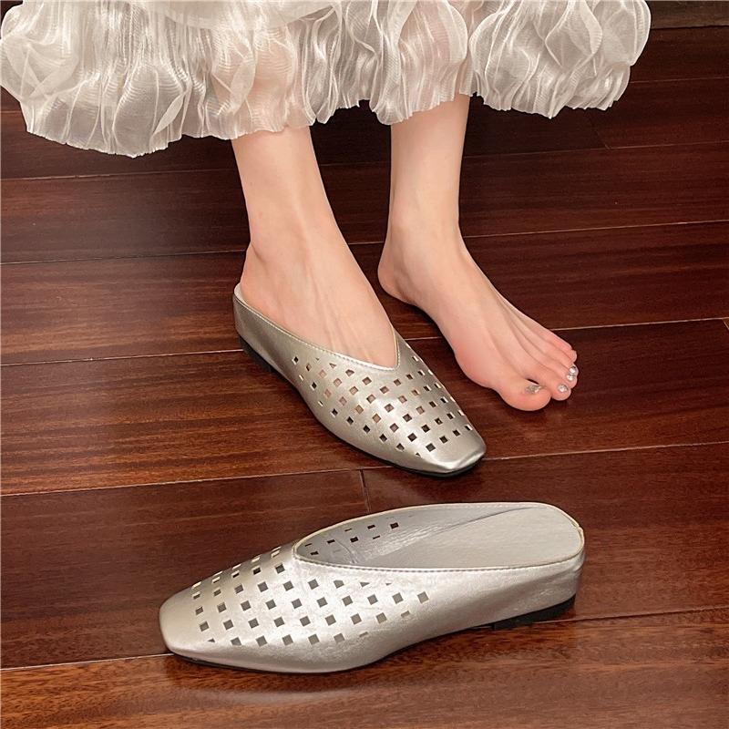 Square Toe Shallow Mouth Air Leakage Hole Soft Sole Non-slip Low Heel Shoes Summer New Baotou Soft Sole Slippers