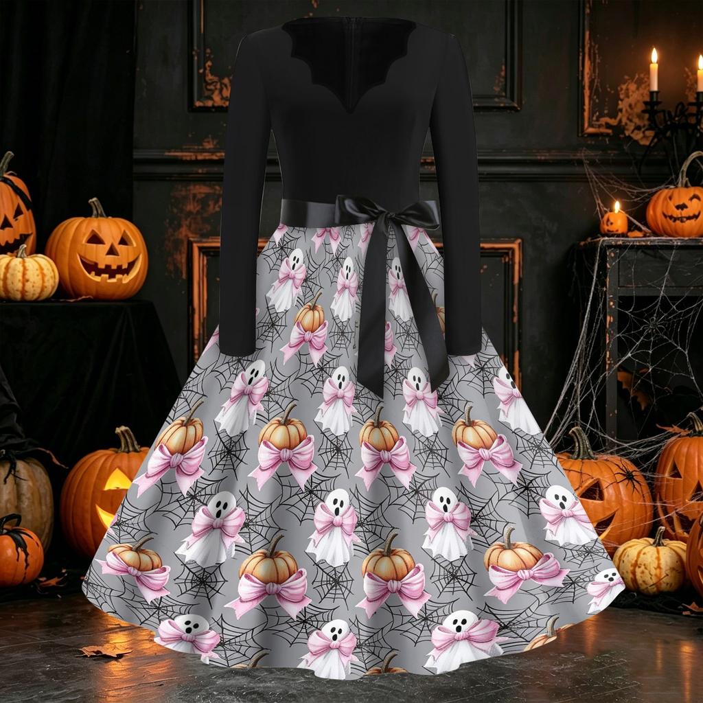 Women's Casual Long Sleeve V Neck Dress Vintage Style Halloween Pumpkin Print Flared Skirt Midi Dress with Waist Tie