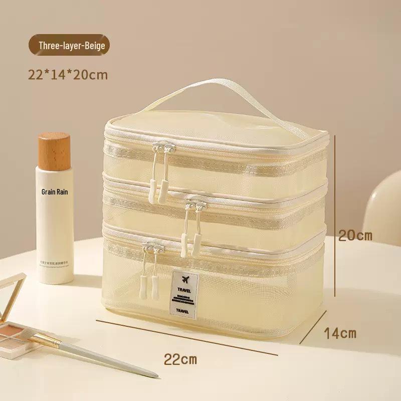 Three-Layer Portable Travel Cosmetic Bag - Large, Simple, Handheld Mesh Storage 22*14*20cm Three-Layer