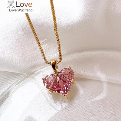 French Fashion Jewelry Luxury Pink Zircon Heart Pendant Necklace Elegant Women Party Sexy Clavicle Necklace Accessories