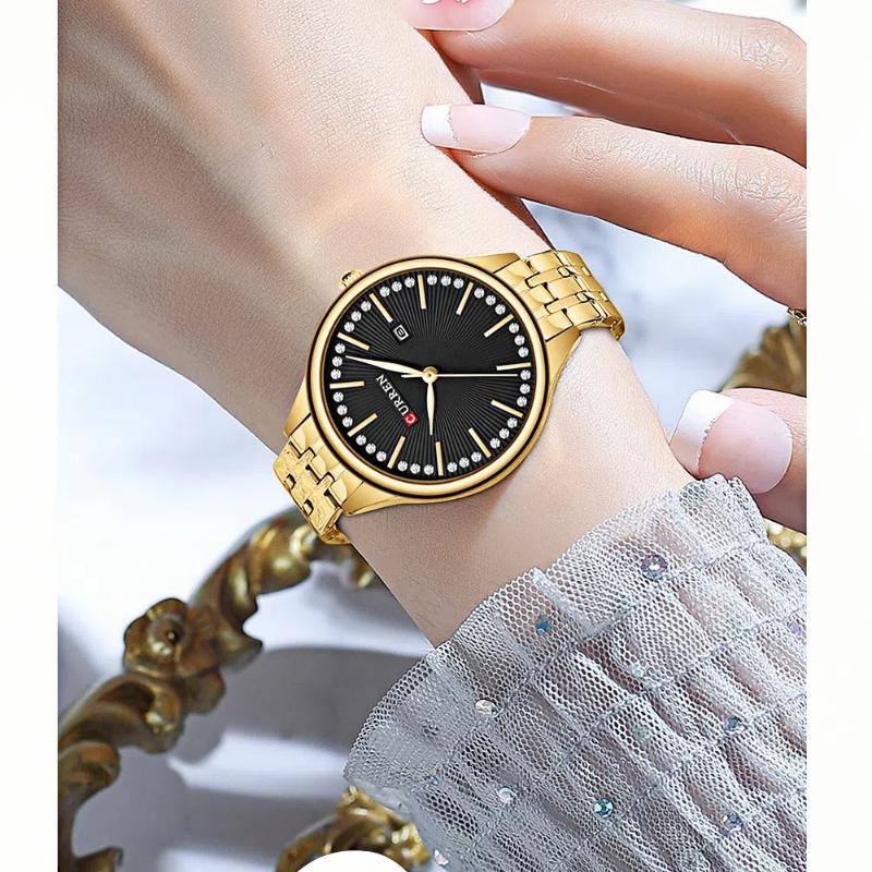 CURREN-Ladies' Luxury Rhinestone Inlaid Fashionable Business Quartz Watch Stainless Steel Simple Waterproof Luminous Calendar Watch