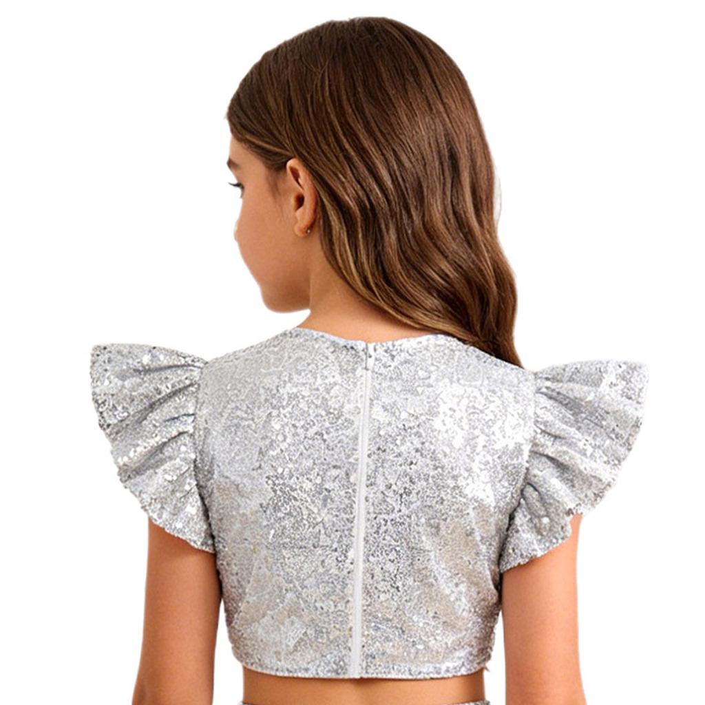 Dívčí párty halenka top třpytivý flitrovaný crop top kulatý výstřih volánkové design s muchlákovými rukávy podšitý narozeninový top