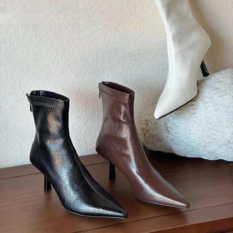 2025 Spring Pointed Toe Women Modern Ankle Boots Fashion Soft Leather Short Booties Concise High Heels Shoes