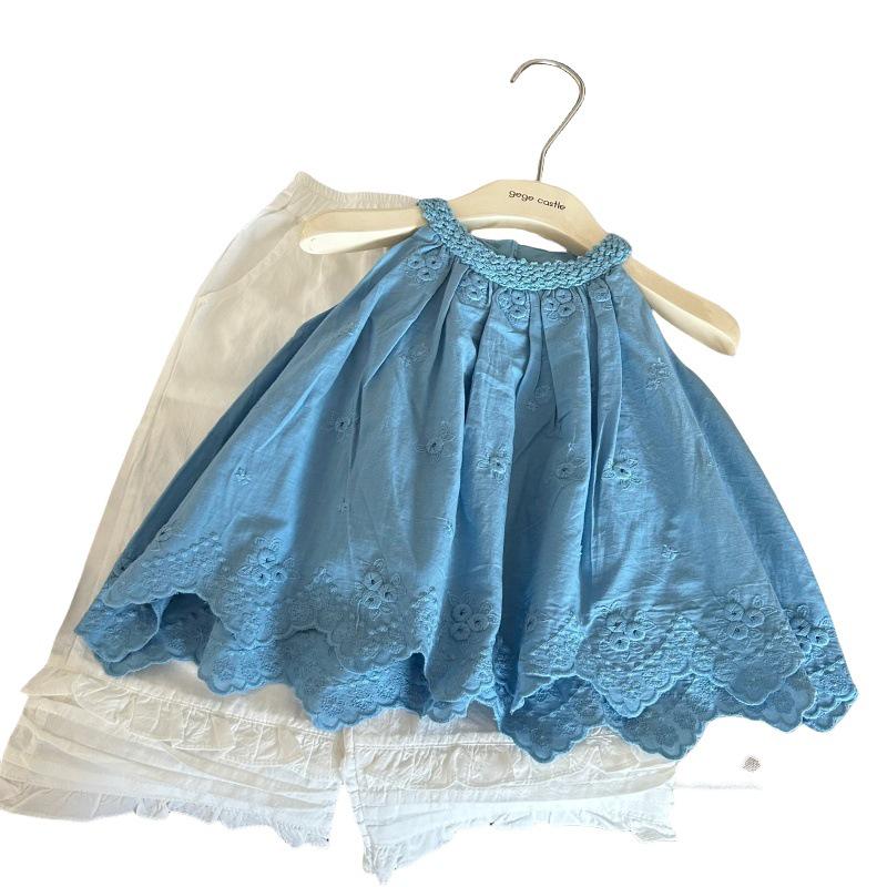 Korean Style Summer 2025 Girls' Lace Halter Top & White Pants Two-Piece Set