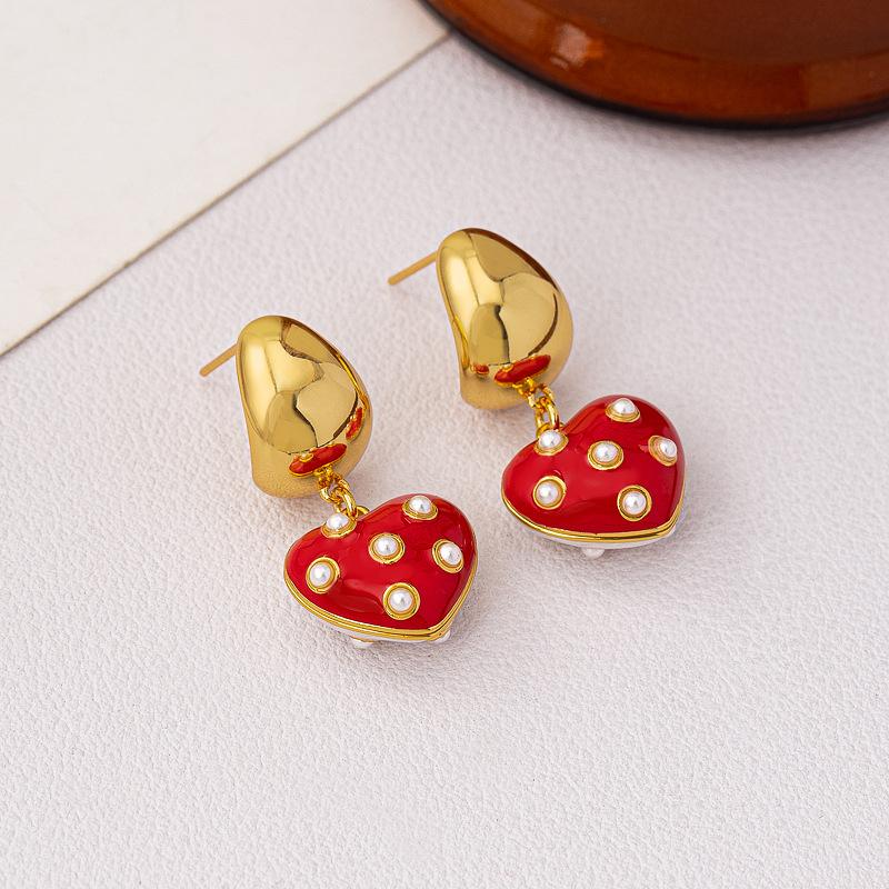 Ankara red love pearl earrings women's ins niche unique temperament elegant and versatile New Year's polka dot earrings women