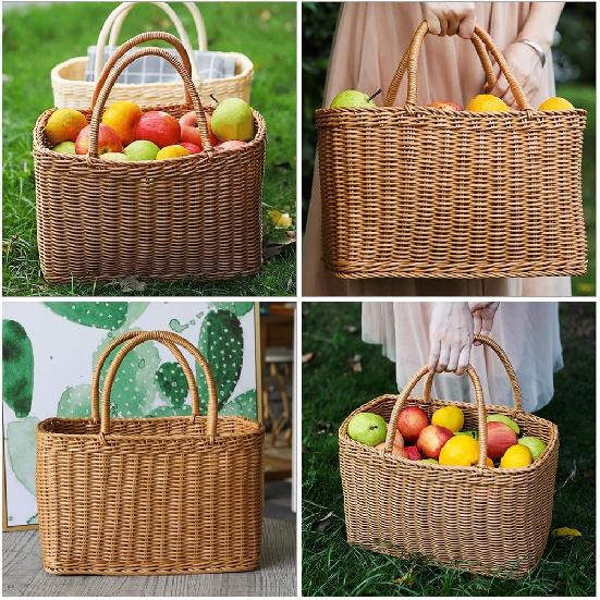 Alipis Decorative Woven Basket with Handle, Brown Plastic Rattan Flower Arrangement Basket for Storage, Picnic, Home Decor, Fruits, Vegetables,