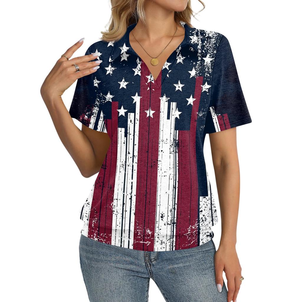 Women's Casual Short Sleeve V Neck Top with Independence Day Print Relaxed Fit Lightweight Blouse for Everyday Wear