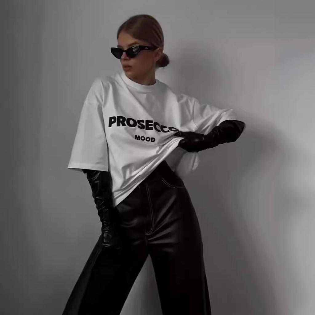 American Printed Cotton Short-Sleeved Women'S Trend Letter T-Shirt Summer Round Neck Pullover Half-Sleeved Women'S T-Shirt