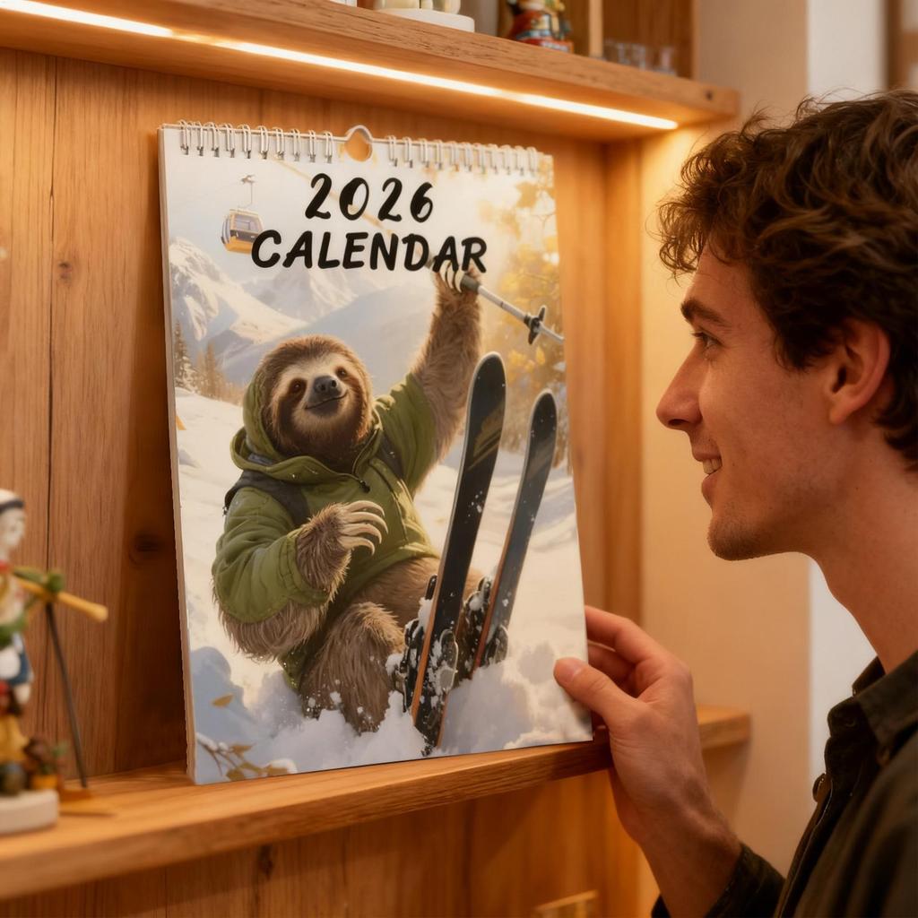 Funny Animal Calendar 2026 Sloth Skiing 12-Month Planner 8.27x11.02in Funny Wall Calendar for Home Workplace Dorm Apartment