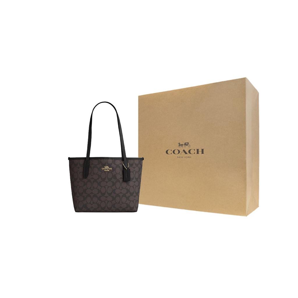 Coach Bolso Tote City 23 Classic Monogram con Logo Metálico Bolso de Compras Bolso de Hombro de Mano Mediano para Mujer Negro Nogal CU759-IMXAQ
