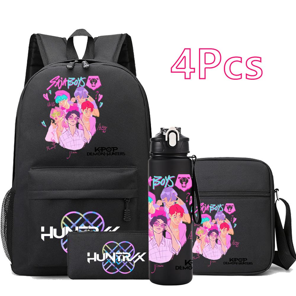 4Pcs/set Cartoon K-pop Printed Backpack Large Capacity Bookbag Shoulder Bag Case Bag with 750ml Water Bottler Boy Girl School Bag Kid Gift