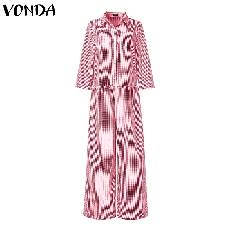 VONDA Women Lapel Neck Long Sleeve Plaid Casual Long Jumpsuits Overalls