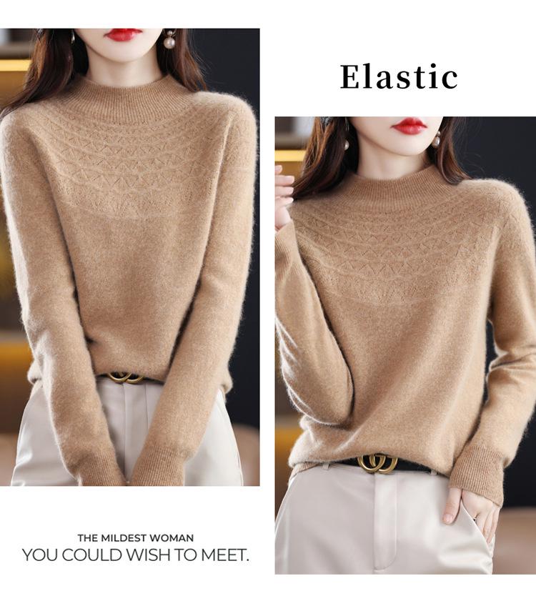 Women's Slimming 100% Wool Half-High Neck Sweater, Seamless Cashmere Knit Base Layer, Autumn Winter Loose Top with Hollow-Out Design