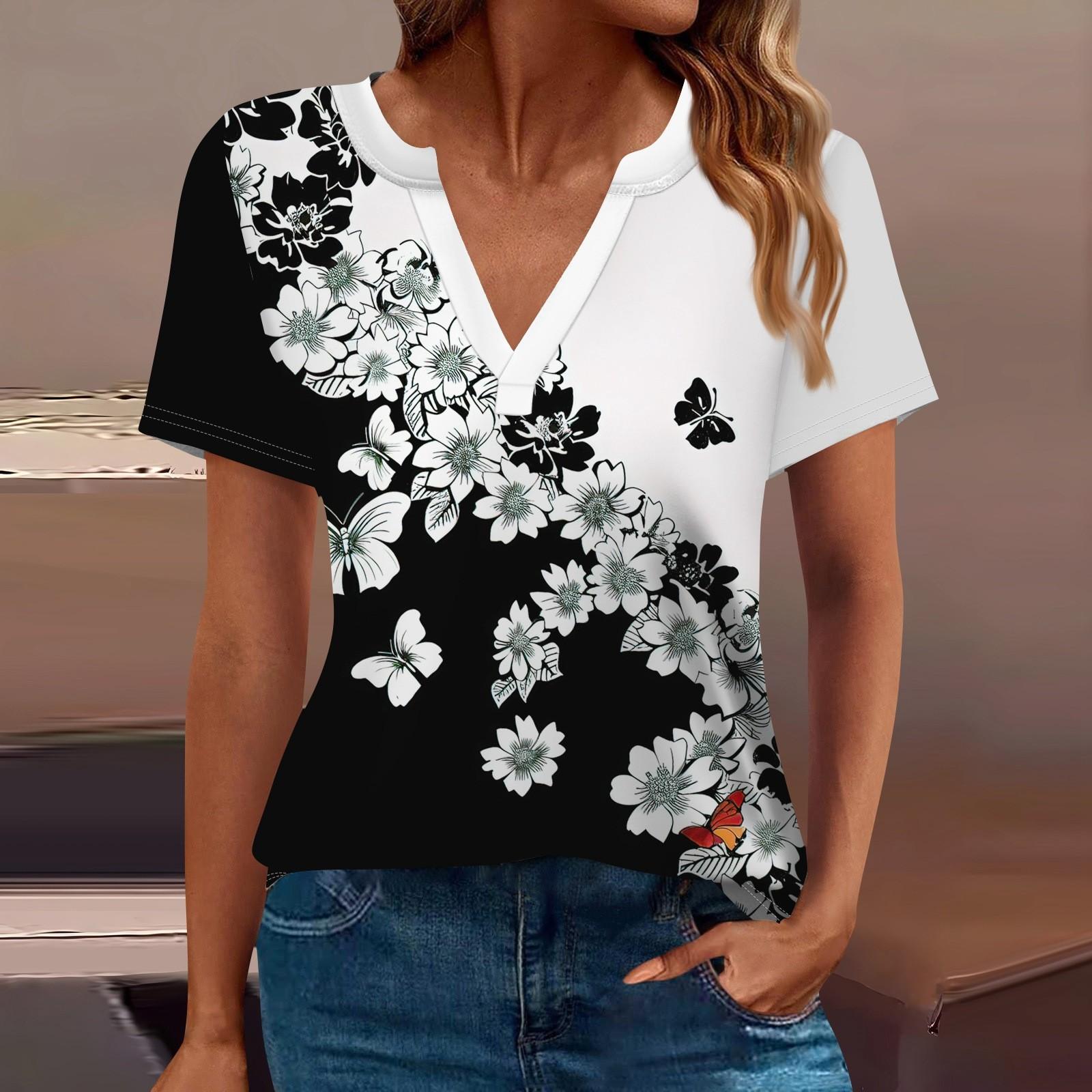 

Женская футболка Футболка с принтом с коротким рукавом Повседневные выходные Мода Базовый топ с V-образным вырезом Обычный топ S чёрный