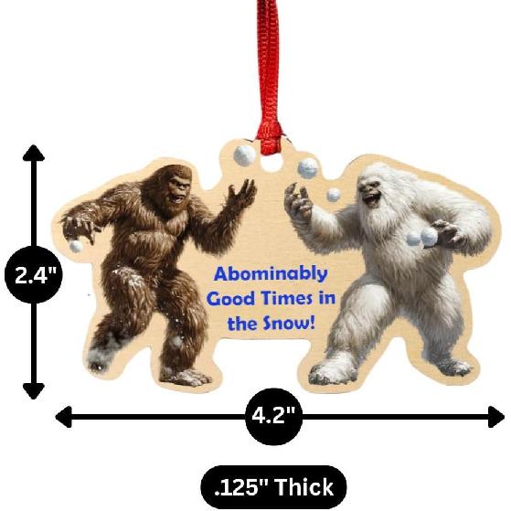 Bigfoot & Yeti Snowball Fight Ornament – Birch Wood Holiday Decoration – Fun Cryptid