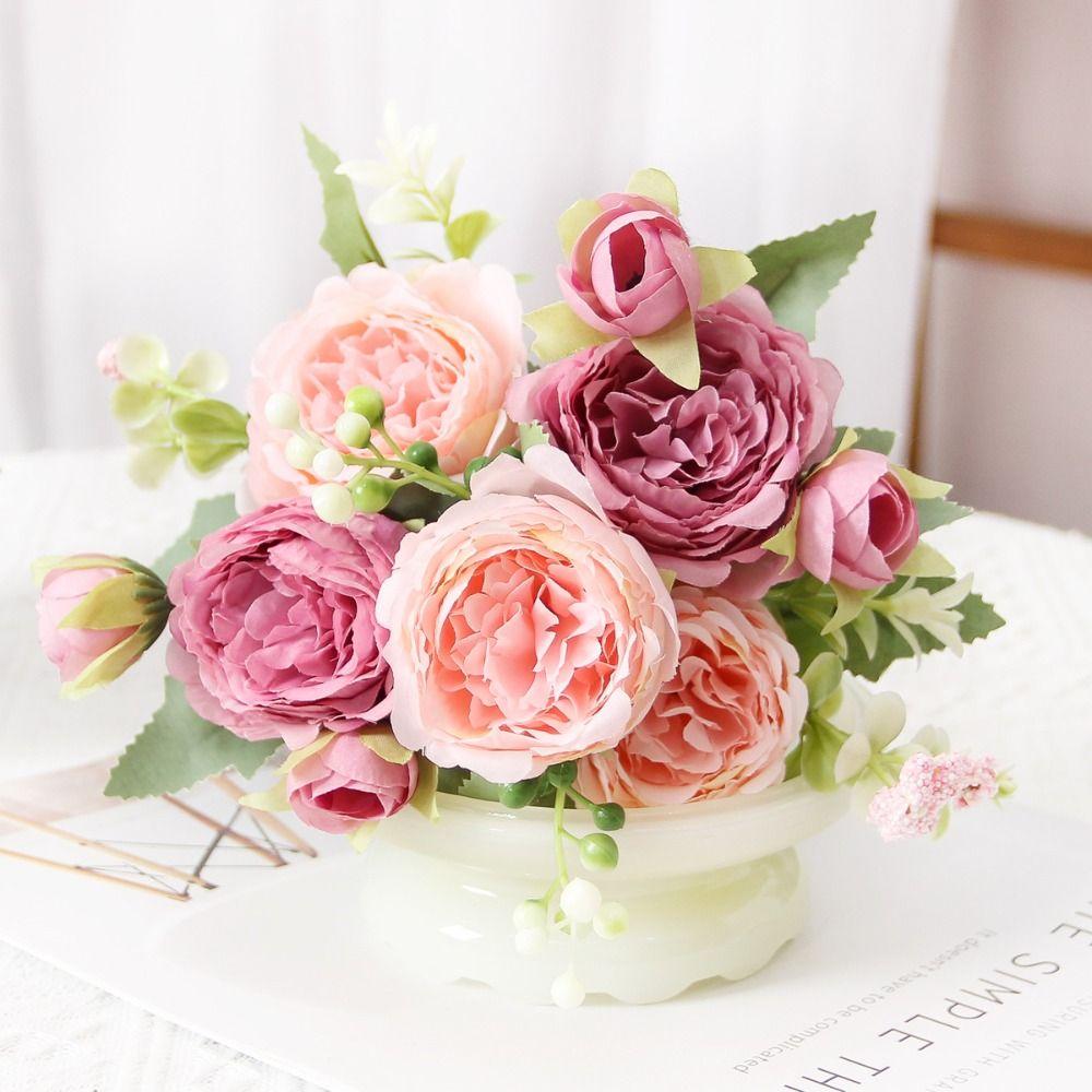 Elegant Pink Small Peonies White Rose Realistic Artificial Flowers Beautiful Fake Flowers Wedding Garden
