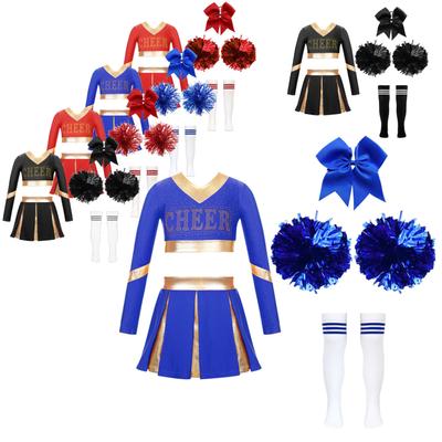 Kinder Mädchen Cheerleading Set Langarm Crop Top mit Faltenrock und Schleife Kopfbedeckung Kniestrümpfe 2 Stück Blumenbälle für Tanzauftritte