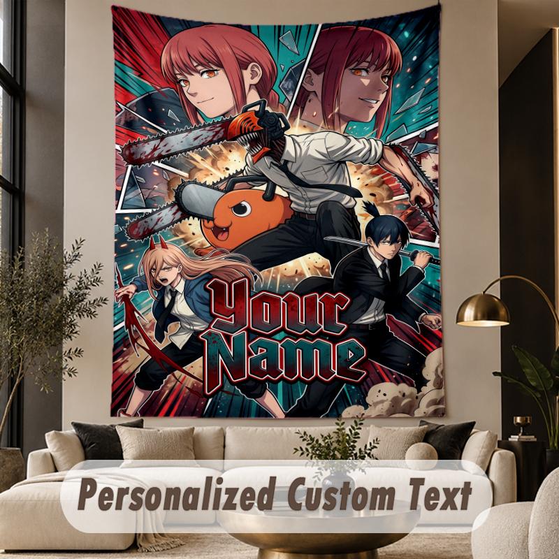 Custom Text Printed Tapestry Chainsaw Man Pattern Large Wall Hanging Indoor Room Decor