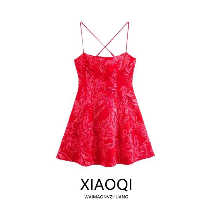 Western Style 2024 Autumn New Women clothes Sling Flowers Print Mini Dress Short dress 8508136