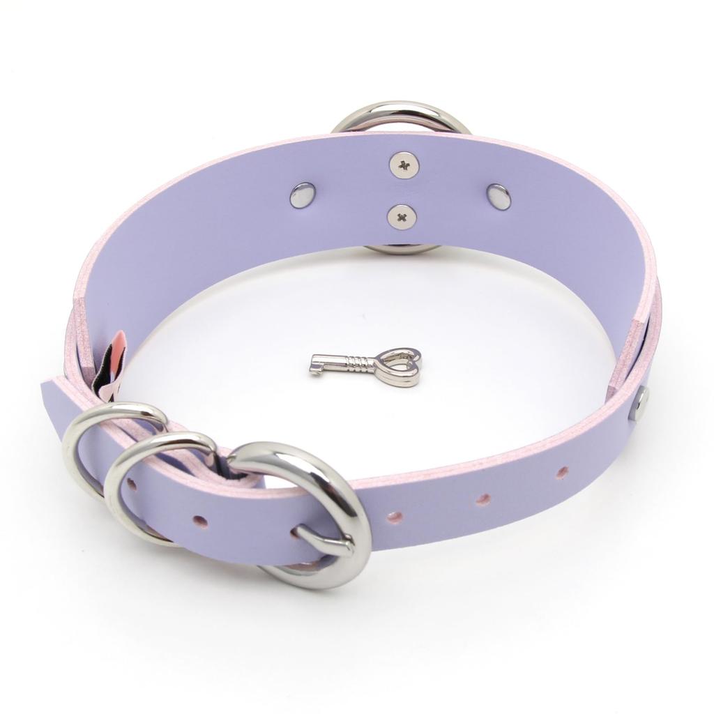 [lalatia] Women's Choker, Heart Collar with Padlock Ring, PU Leather (Wisteria & Silver)
