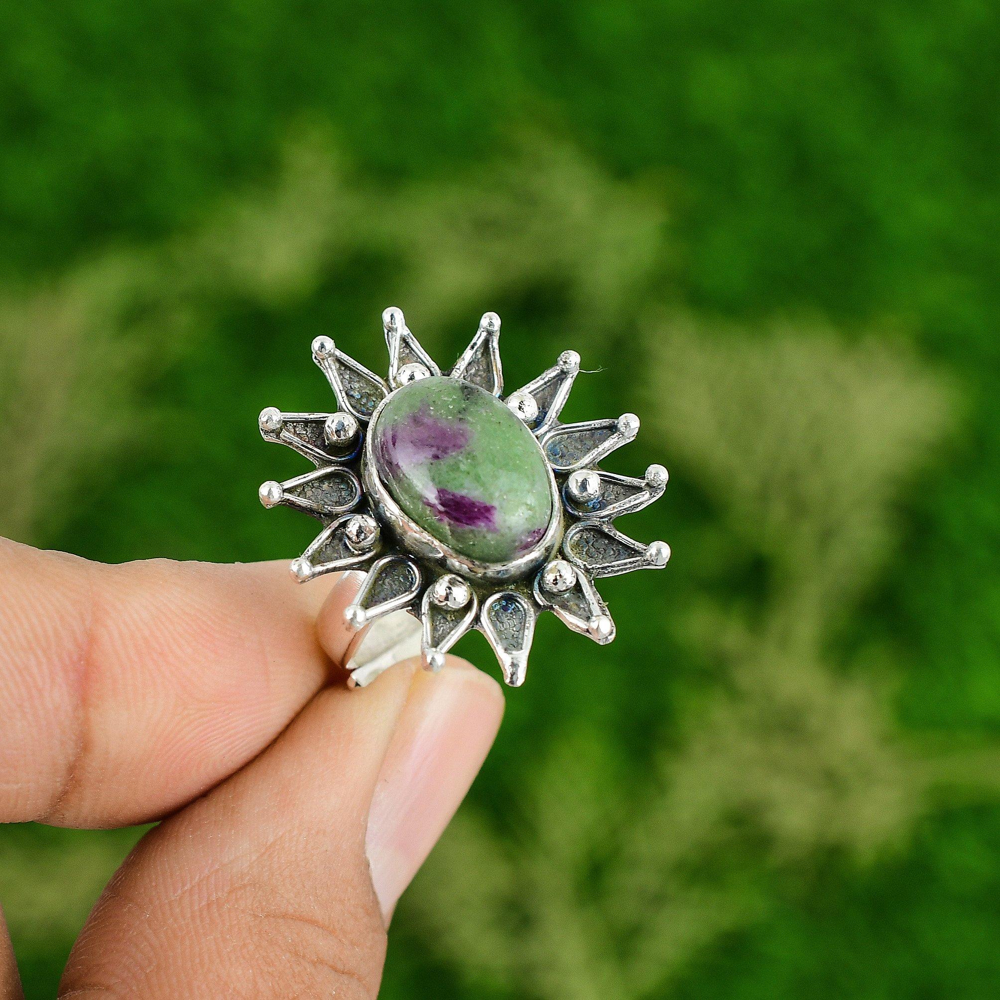 

Sterling Silver Oval Natural Ruby Zoisite Stackable Bezel Flower Ring Jewelry Adjustable
