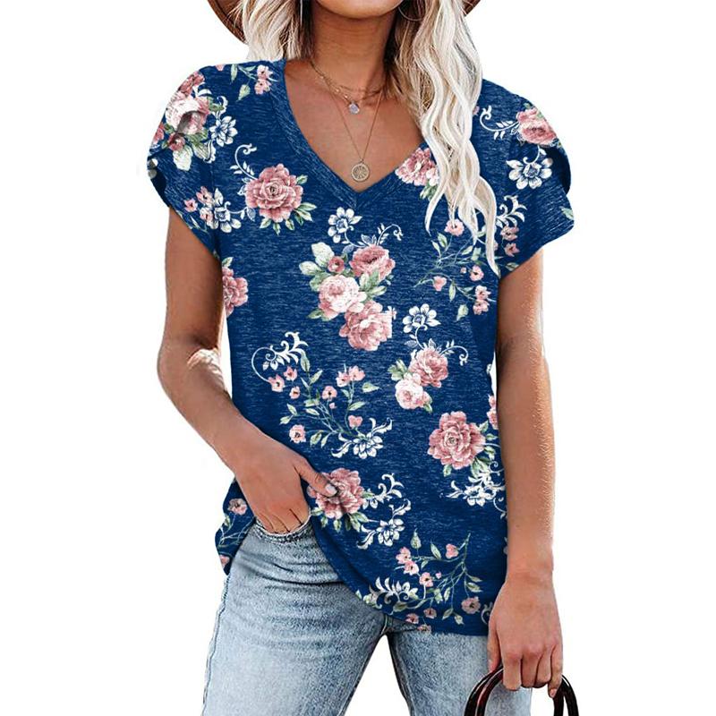 Womens Ladies Summer V Neck Blouse Solid Color Printed Short Sleeves T-shirt Tops