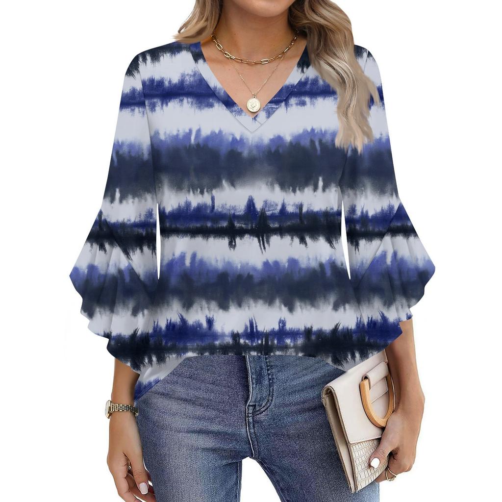 Damenmode Lässig Sieben-Minuten-Ärmel Streifendruck Oberteil V-Ausschnitt T-Shirt Glockenärmel Hemd