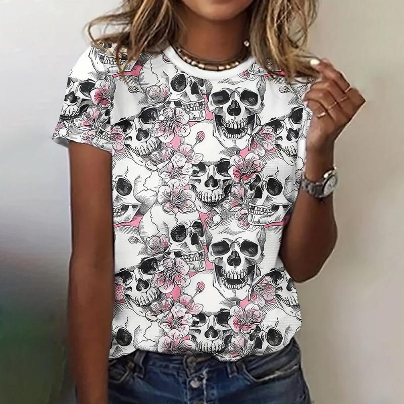 Funny 3D Skulls Print Women's T-Shirts Hip Hop Gothic Harajuku Female Clothing Fashion Rose Short Sleeve Casual O-neck Loose Top