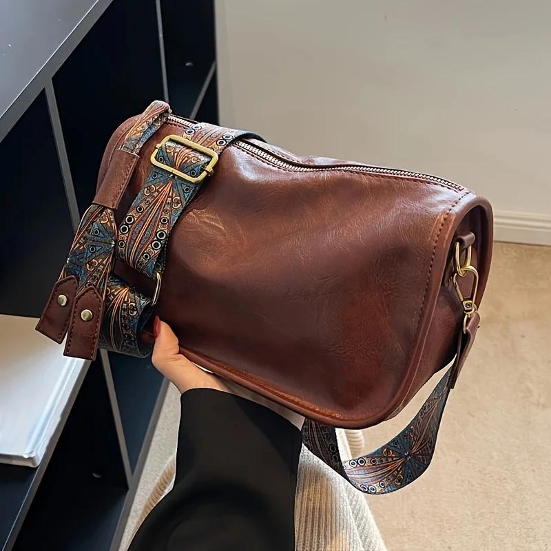 Graphic Pattern Zipper Crossbody Bag, Stylish Leather Shoulder Bag with Wide Strap Daily Purse Designer Hobos Bag