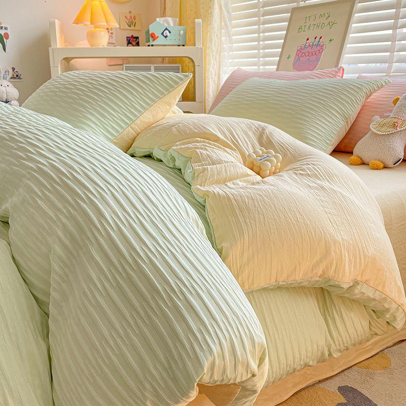 Seersucker Bedding Sets Solid Color Washed Cotton Microfiber Duvet Cover Flat Sheet Pillowcases Soft Bed Linen For Girls