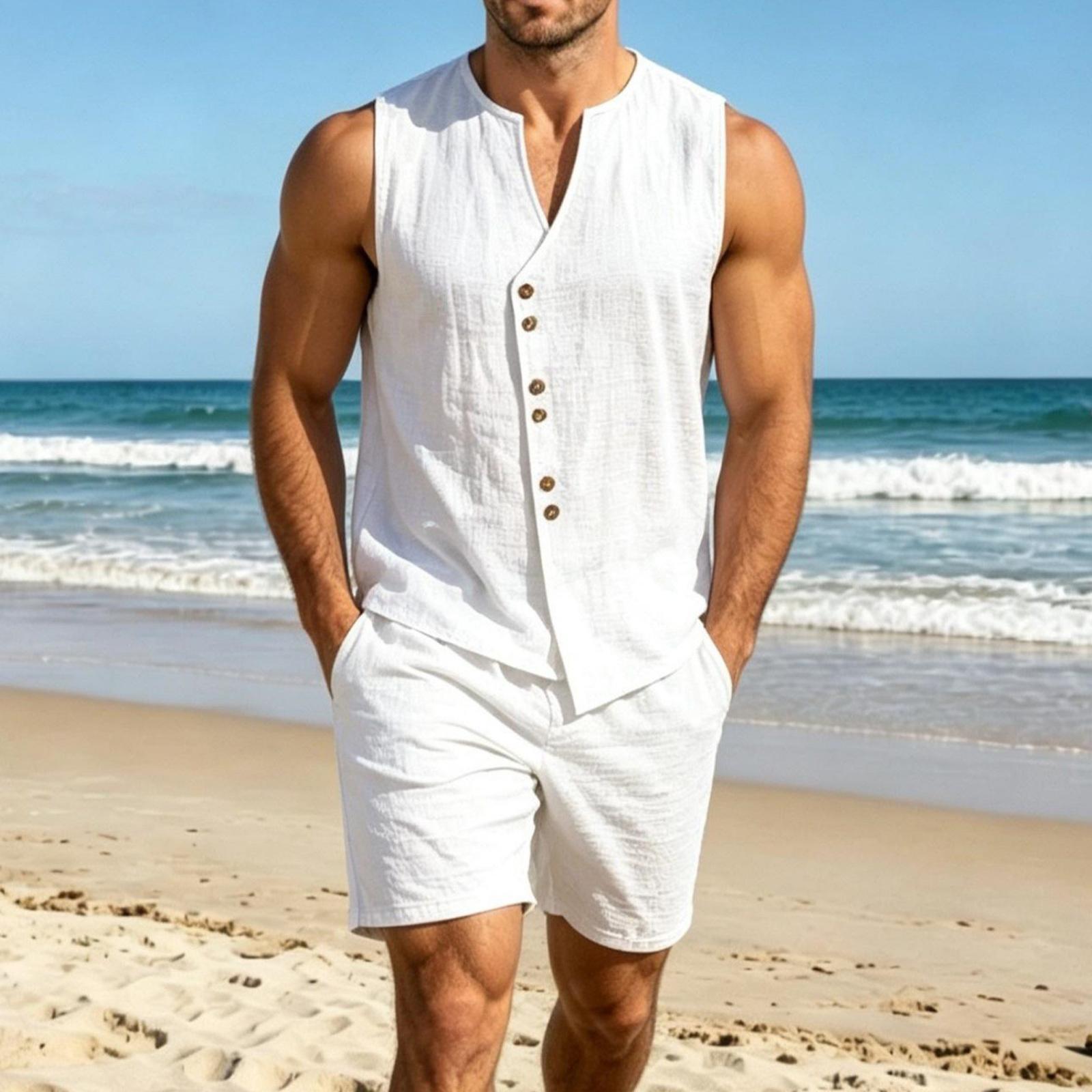 

Men Sleeveless Linen Shirt With Button Front And Casual Linen Shorts Two Piece Set Summer Outfit For Outdoor Activities And Daily Wear XXL белый