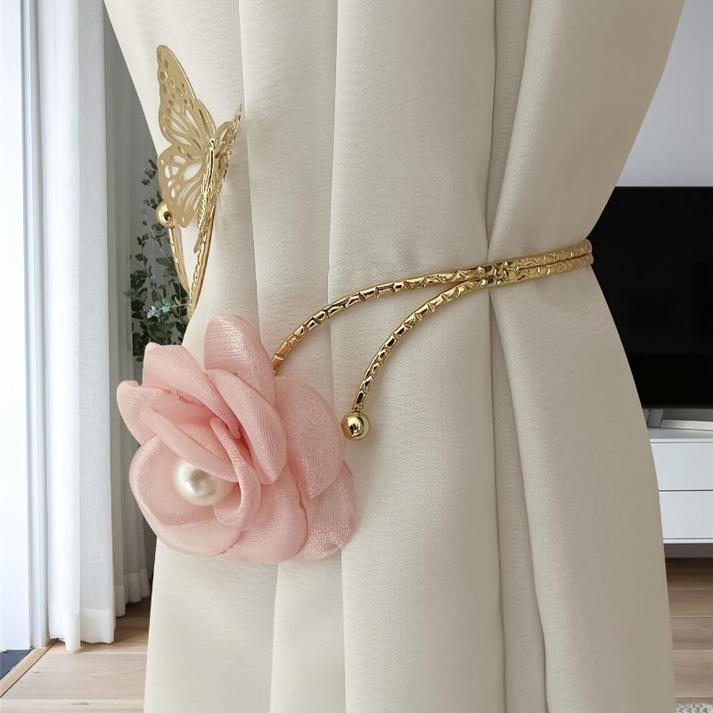 2pcs Three-dimensional Butterfly Flower Pearl Curtain Hooks Without Holes for Bedroom and Living Room Soft Decoration Curtain Ties