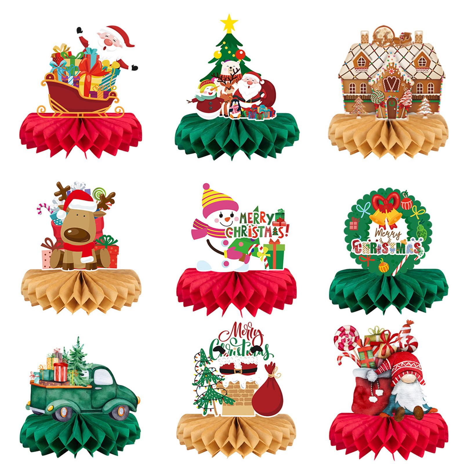 

9pcs Christmas Honeycomb Centerpieces Ornaments With Santa Snowman Elk Design For Christmas Party Favors Table Decors 9 styles/set#1