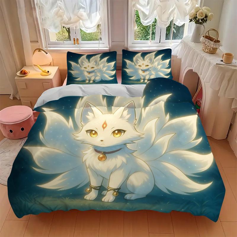 3pcs Enchanted Fox Spirit Printed Bedding Set, Soft and Comfortable Quilt Cover for Bedroom, Guest Room (1 Duvet Cover + 2 Pillowcases, Pillow Co