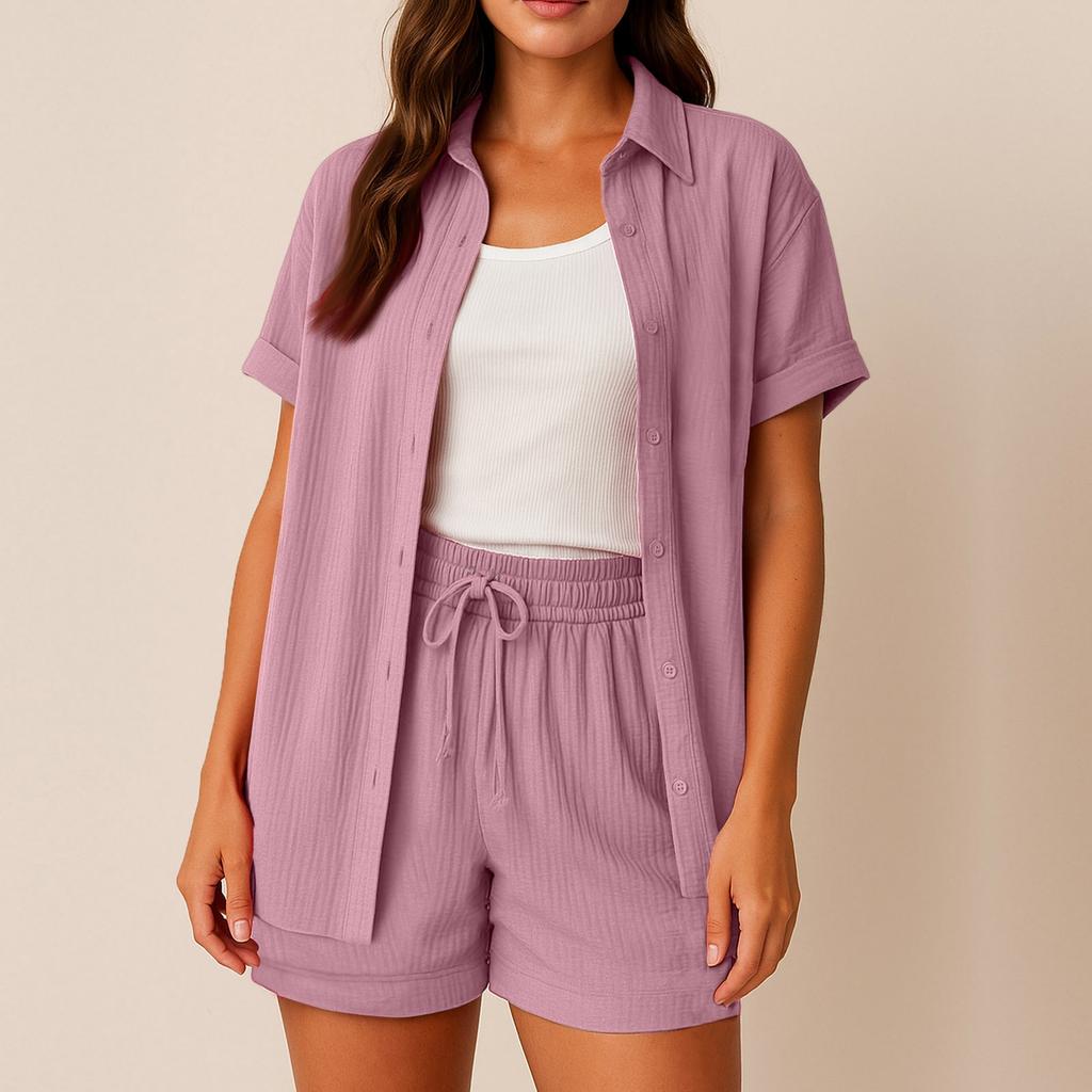 Women's Casual And Fashionable Solid Color Lapel Short Sleeved Shirt Top, High Waisted Drawstring Shorts Set