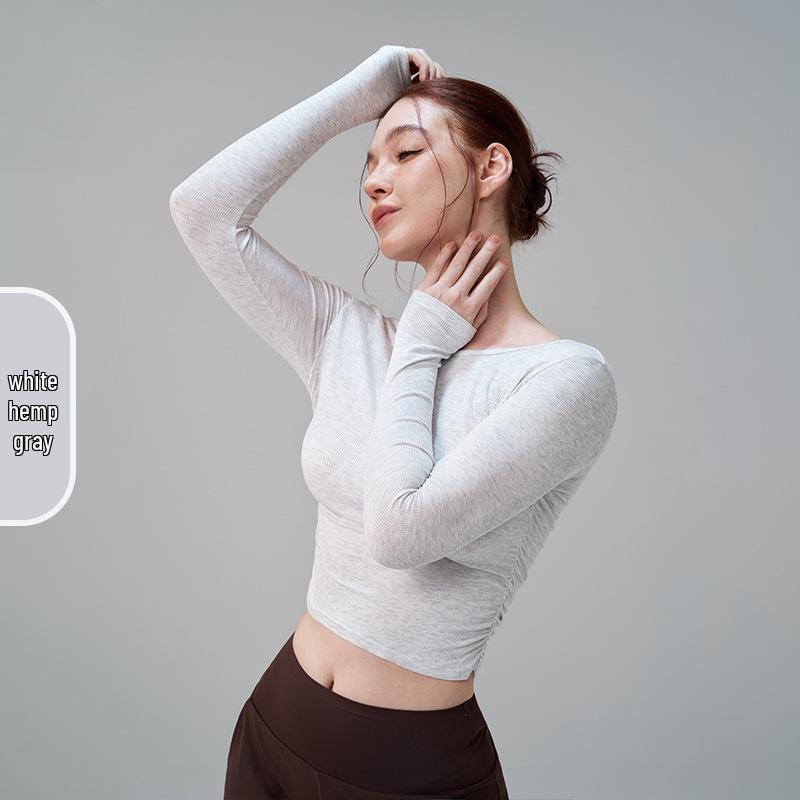 

Женская модальная одежда для йоги: Сексуальный спортивный топ с круглым вырезом и сборками, облегающий фигуру, с длинным рукавом для весны, осени и зимы Small