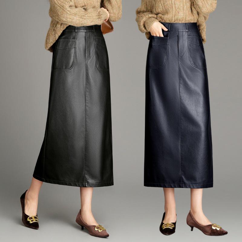 Elegant Women's Genuine Leather Slit Skirt - High-End Autumn/Winter Fashion