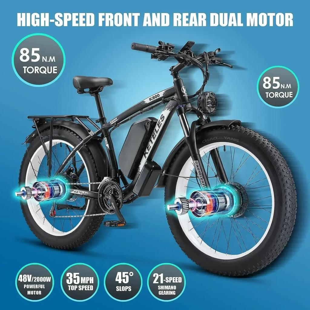 KETELES K800 Ebike 2000W Dvojitý motor 48V23AH Hydraulická brzda Elektrické kolo Horský Sníh 26*4.0" Tlustá pneumatika Městská elektrická kola