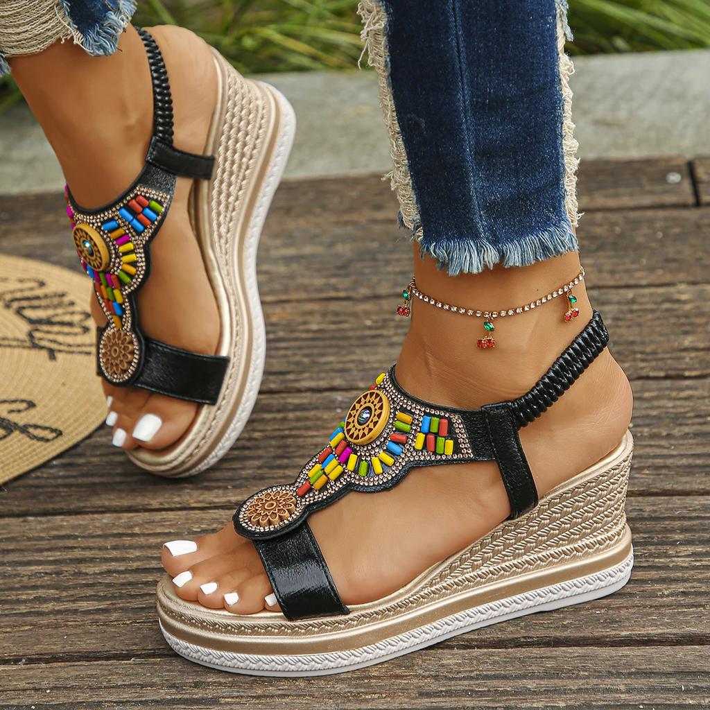 Women Sandals Bohemian Style Wedge Sandals Summer Thick Sole Non Slip Beach Shoes Woman Colorful Bead Chunky Platform Sandals