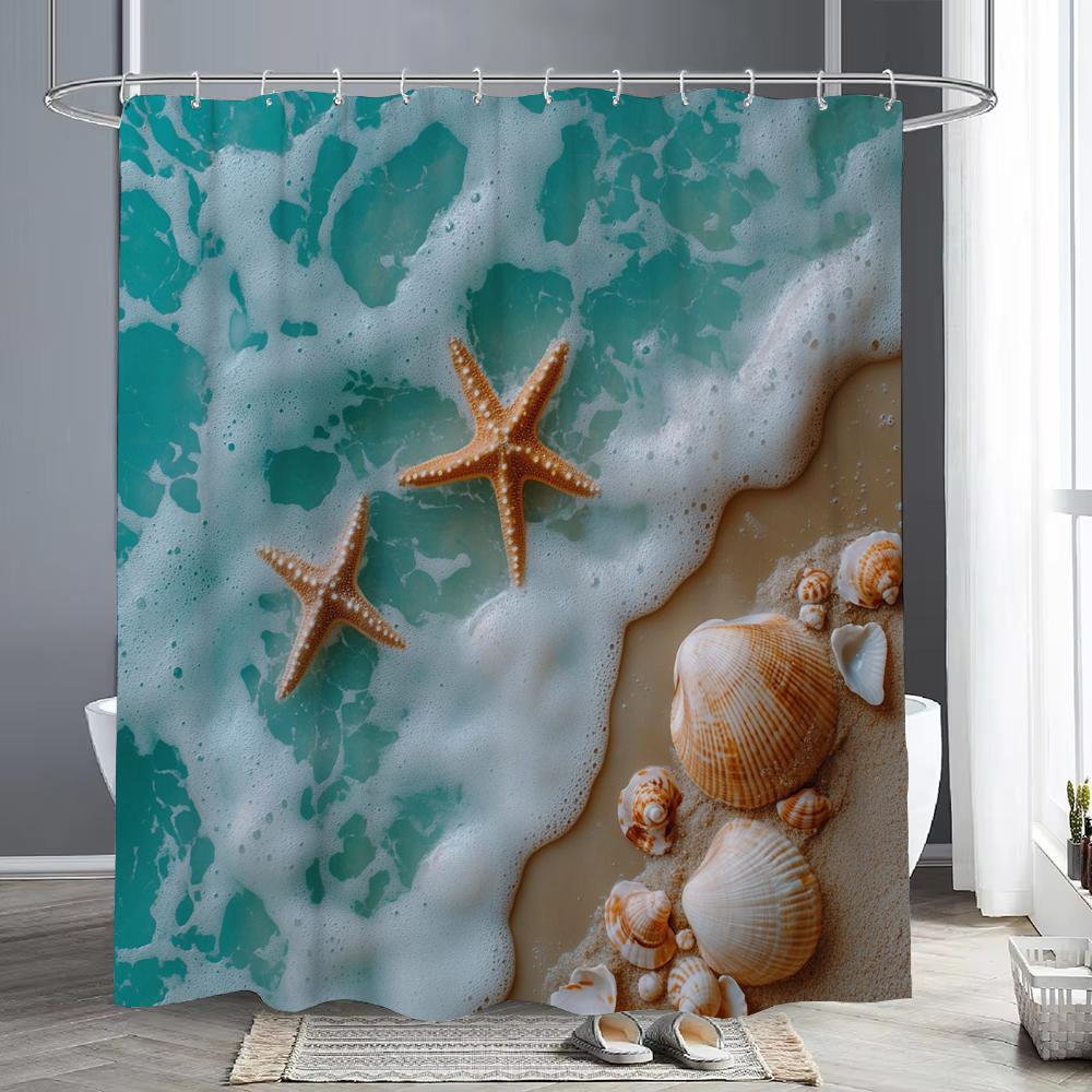 

Blue Sea And Beach Shell Starfish Scenery Shower Curtain, Bathroom Decorative Shower Curtain, Printing Shower Curtain With Hooks W60H190(CM)-1 Pcs