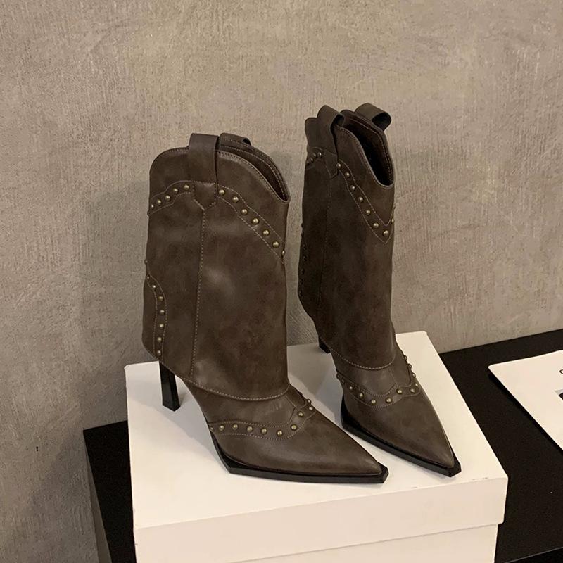 

European and American thin heel pointed high heel boots black boots women s rivet short boots tide 40 коричневий
