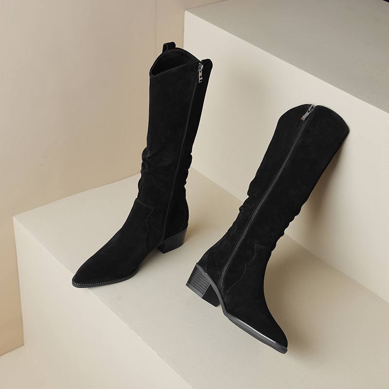 Krazing Pot Cow Suede Winter Round Toe Thick Med Heels Modern Boots Women Zipper Pleated Decoration Thigh High Boots