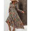 Herbst Damen Bedruckte Kleider mit V-Ausschnitt und langen Ärmeln