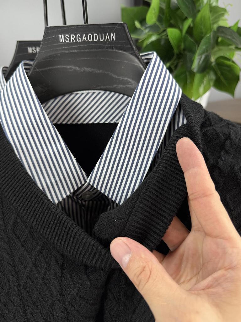 2025 Men's Trendy Fake Two-Piece Sweater: Warm Knit Shirt Collar Pullover for Autumn/Winter
