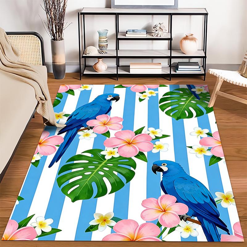 Blue Parrot Tropical Carpet with Flowers and Leaves, Striped Background Suitable for use as an anti-slip for living room bedroom sofas