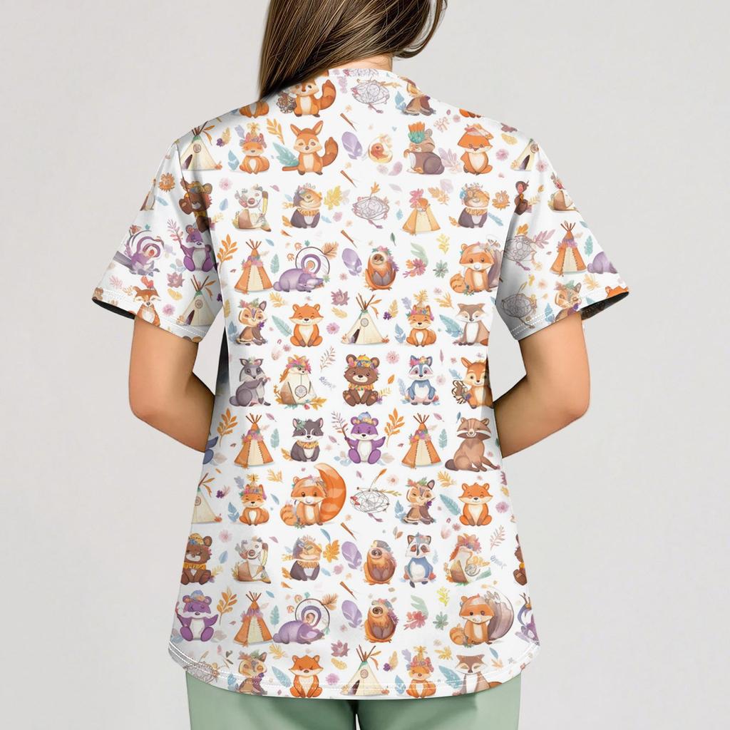 Plus Size Printed Scrub Working Uniform Tops For Women's Cross V-Neck Halloween Print Short Sleeve Fun T-Shirts Workwear Tee With Pockets