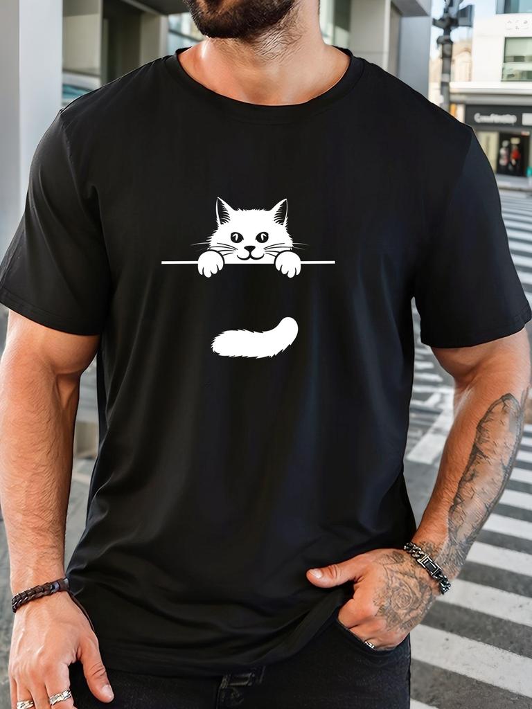 Unisex O Neck Tee Lovely Peeking Black Cat Graphic Print Cotton Short Sleeve Loose Summer Breathable Daily Casual Basic Wear Top