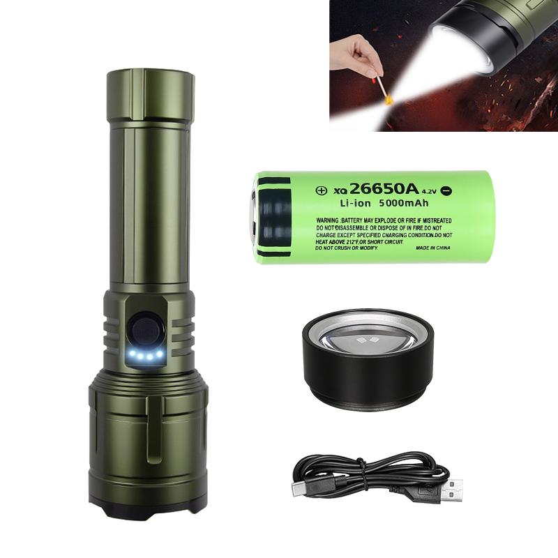 Powerful LED Flashlight USB C Rechargeable with Fresnel Lens Flashlight Super Bright Aluminum Zoom Torch Emergency Power Bank